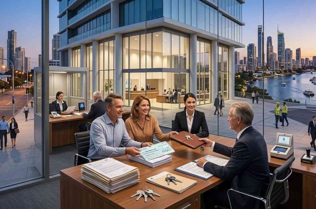 Property Settlement
Property settlement is the conclusion of the conveyancing process when legal ownership is transferred. Funds are exchanged, and legal documents are lodged with the relevant government bodies to record the new ownership details.- generate relistic image for this without text and in a landscape view